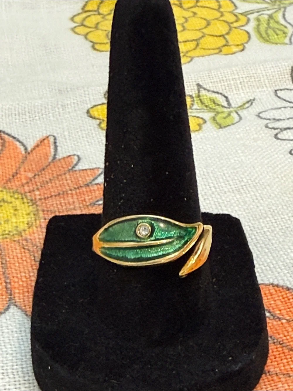 Vintage Avon Gold-Tone Green Enamel Leaf Ring with Sparkling Accent